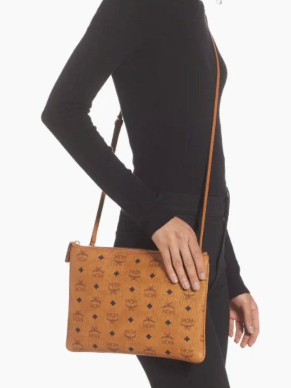 MCM Visetos Medium Crossbody Pouch in Cognac, featuring the classic monogram